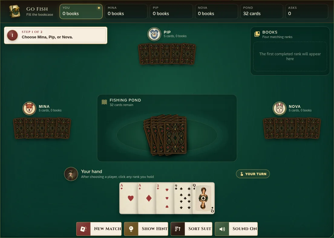 Go Fish table with three computer players around the pond, the bookcase at upper right, and the player's hand along the bottom